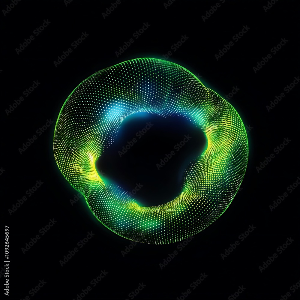 Poster abstract circular light pattern with colorful dots and fluid motion on a black background, represent