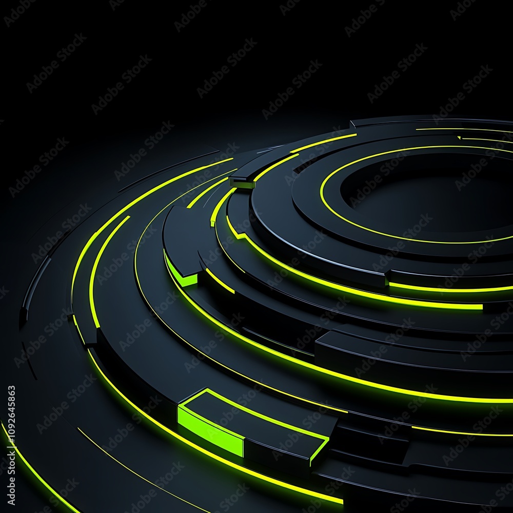 Aufkleber abstract circular patterns with neon green accents on a dark background representing modern technolo