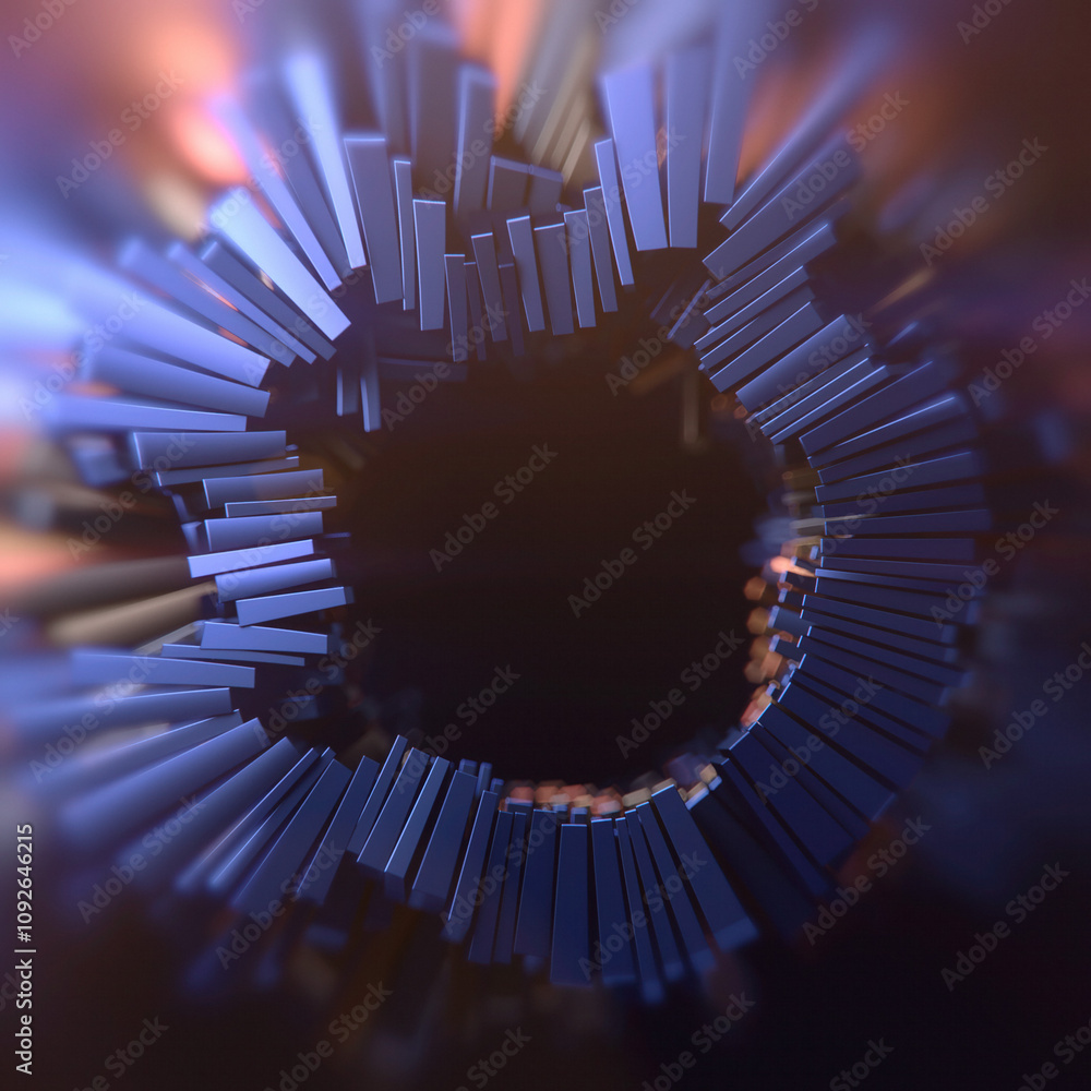 Poster Digital illustration composed of shiny metallic rectangular elements arranged in a ring. Colorful composition. 3d rendering