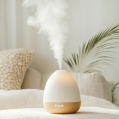stylish aromatic diffuser gently emitting steam, placed on a wooden table in a cozy living room with soft lighting. Perfect for relaxation, wellness, and promoting a calming ambiance.