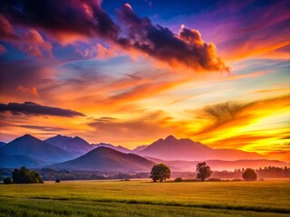 Fototapeta premium Stunning Silhouette of a Serene Landscape at Dusk Featuring Lush Fields and Majestic Mountains Under a Colorful Sky for Nature and Travel Enthusiasts