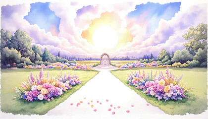 beautiful wedding venue with flower arrangements and sunny horizon in a picturesque landscape