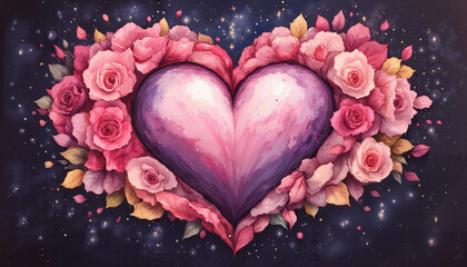 large pink heart surrounded by roses and leaves in a starry night artistic style