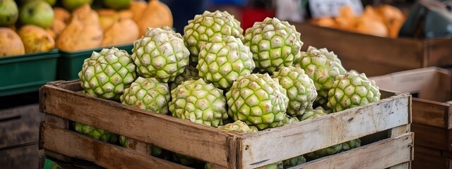 Custard apples in a wooden box at the market, with the focus on the green fruit with a hard skin and soft texture