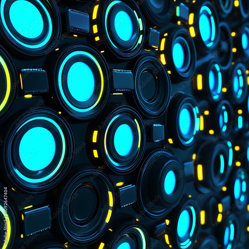 Poster abstract design featuring a vibrant array of circular shapes with glowing elements in blue and yello