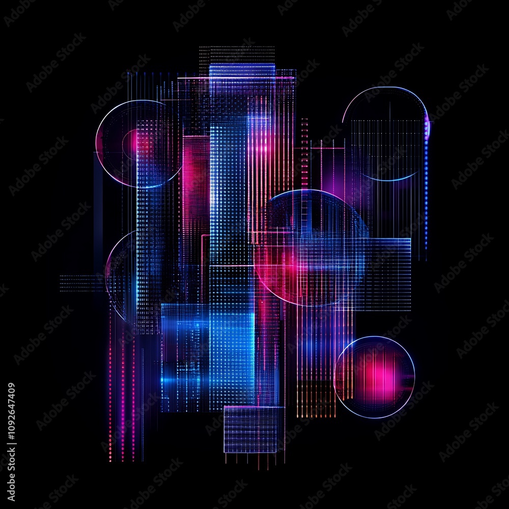 Poster abstract digital art composition with vibrant neon circles and geometric patterns on a dark backgrou