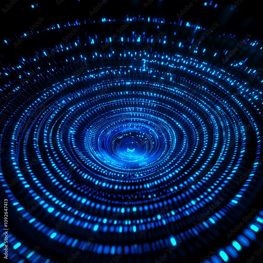 Poster abstract digital art depicting a vortex with bright blue lights creating a sense of depth and motion