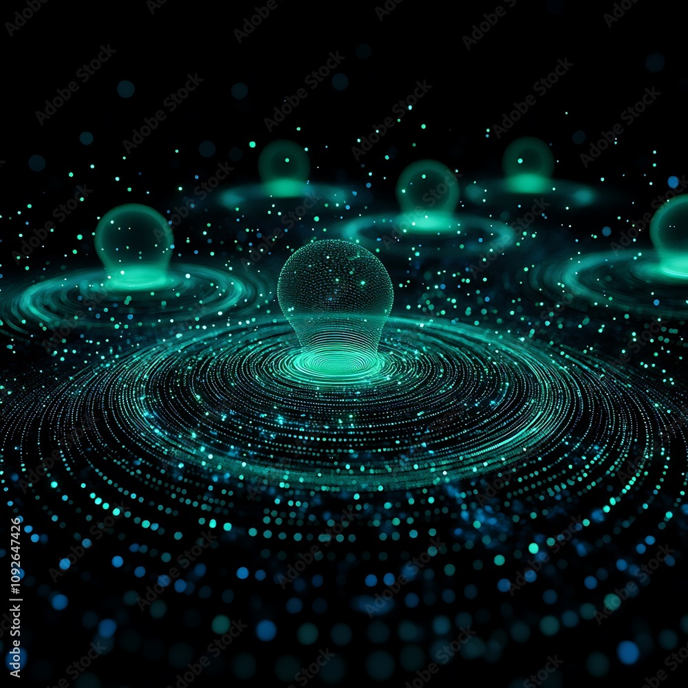 Poster abstract digital art depicting luminous spheres and concentric waves, creating a futuristic atmosphe