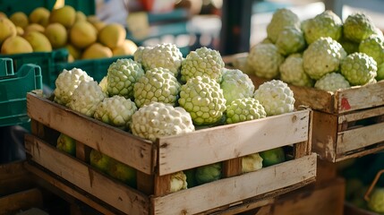 Custard apples in a wooden box at the market, with the focus on the green fruit with a hard skin and soft texture