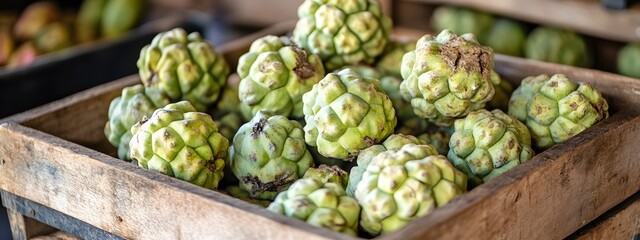 Custard apples in a wooden box at the market, with the focus on the green fruit with a hard skin and soft texture