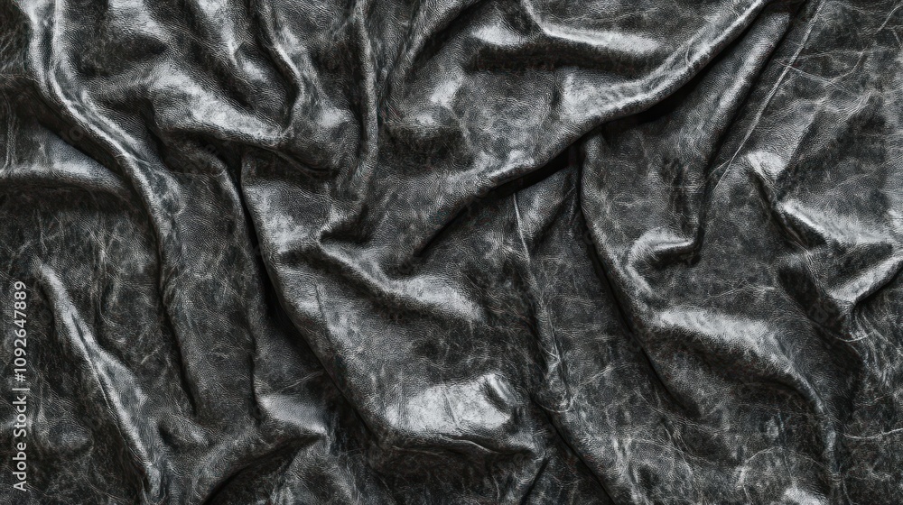Poster a close-up view of crumpled black textured fabric showcasing intricate patterns.