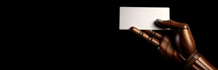 Extreme close-up of a wooden hand (ebony wood mannequin hand) holding an empty white business card with copy space isolated on a black background. Generative Ai. 