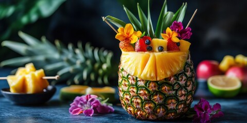 A mocktail served in a carved pineapple with colorful fruit skewers and tropical flowers