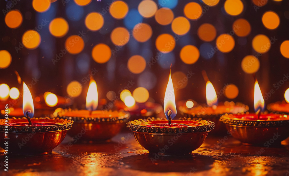 Poster group of candles are lit and arranged in a row, creating a warm and inviting atmosphere. the candles