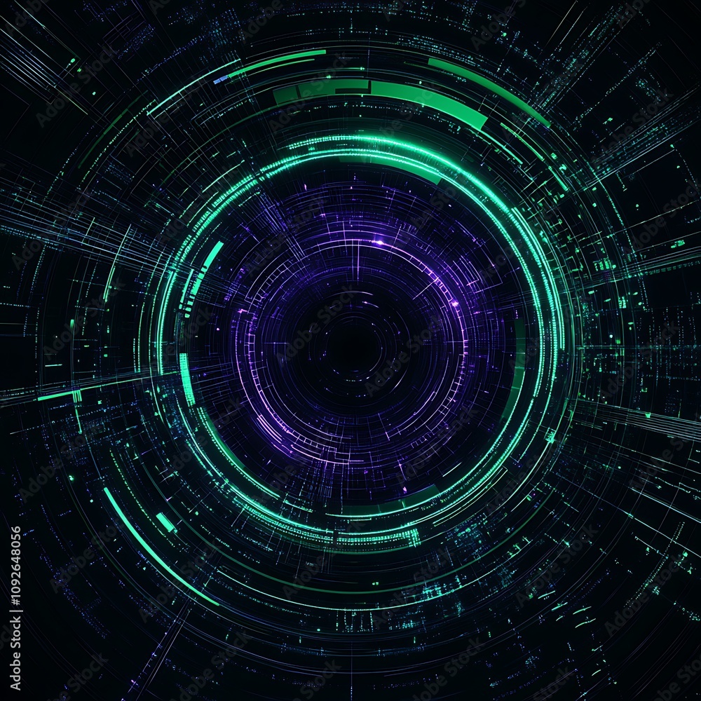 Poster abstract digital background with circular patterns and glowing lines in green and purple colors for 