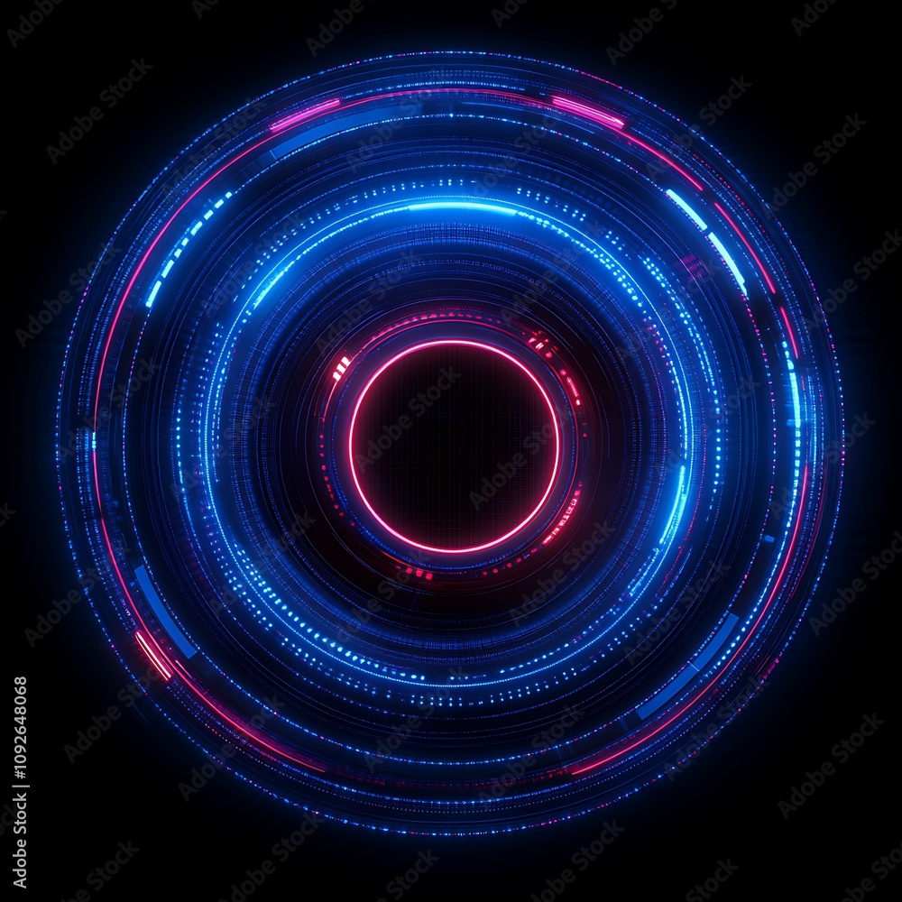 Poster abstract digital background with circular patterns in neon blue and pink hues, featuring static and 