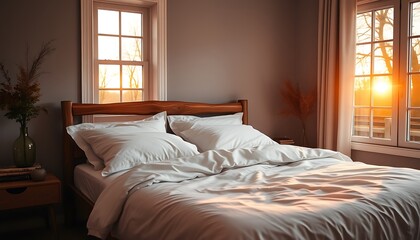 A small bedroom with a rustic wooden bed frame and clean white linens, with the soft golden light of an autumn sunset streaming in through the window.	