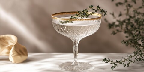 A mocktail served in a crystal coupe glass with a rim of edible gold, garnished with a sprig of thyme