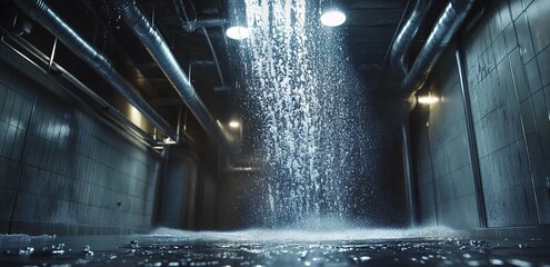 A cinematic shot of water pouring from the ceiling in an underground car wash