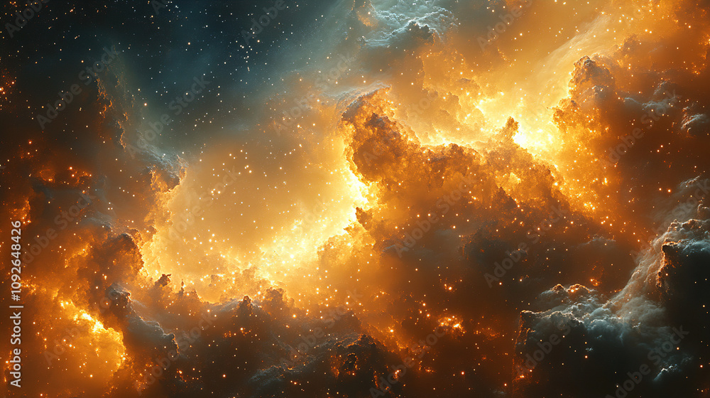 Poster stunning cosmic clouds illuminated by fiery hues in deep space during an astronomical observation. g