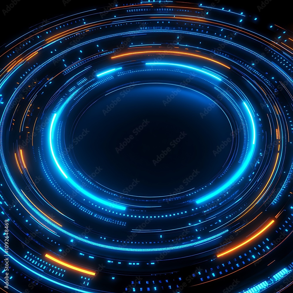Poster abstract digital background with glowing circular lines in blue and orange tones, creating a futuris