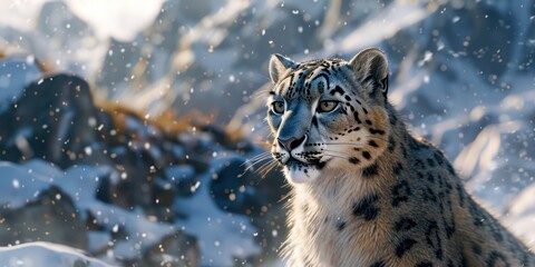 Obraz premium Portrait of a Snow Leopard with blurred snowy mountain range background, copy space, cinematic