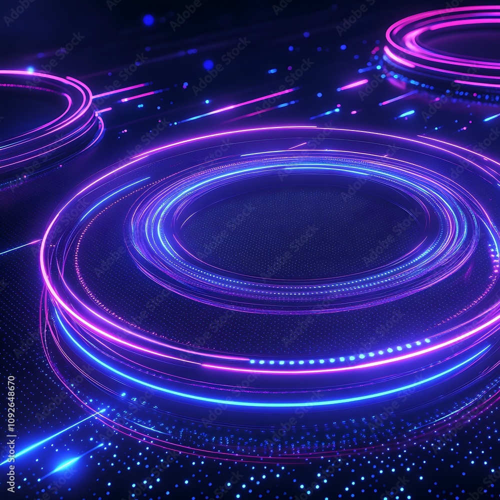 Poster abstract digital background with neon circles and futuristic glow, creating a high-tech atmosphere f