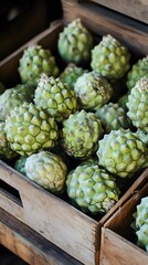 Fototapeta premium Custard apples in a wooden box at the market, with the focus on the green fruit with a hard skin and soft texture