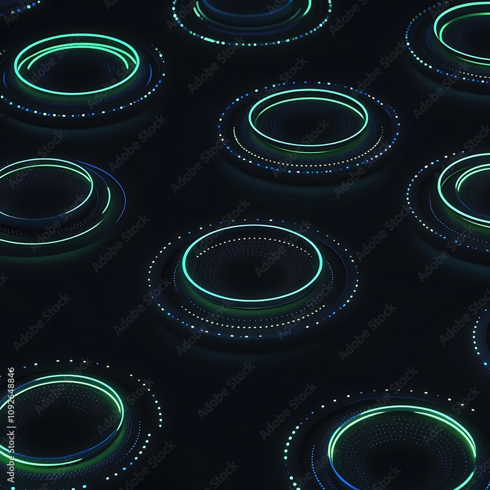 Poster abstract digital circles with neon glow on dark background, creating a futuristic and modern aesthet