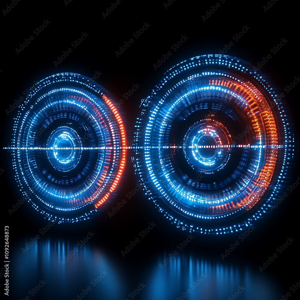 Aufkleber abstract digital circles with bright neon lights and reflective surface in dark background for futur