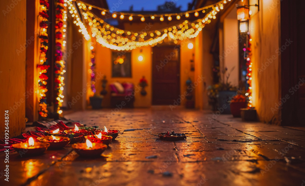Aufkleber lit candle is on the ground in front of a building. there are many lit candles in the area