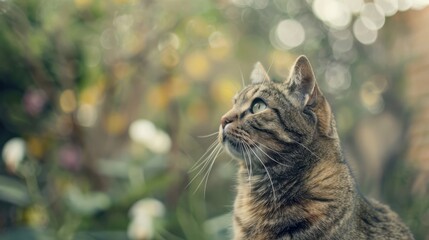 Naklejka premium Portrait of a Tabby Cat with blurred garden background, copy space, cinematic 
