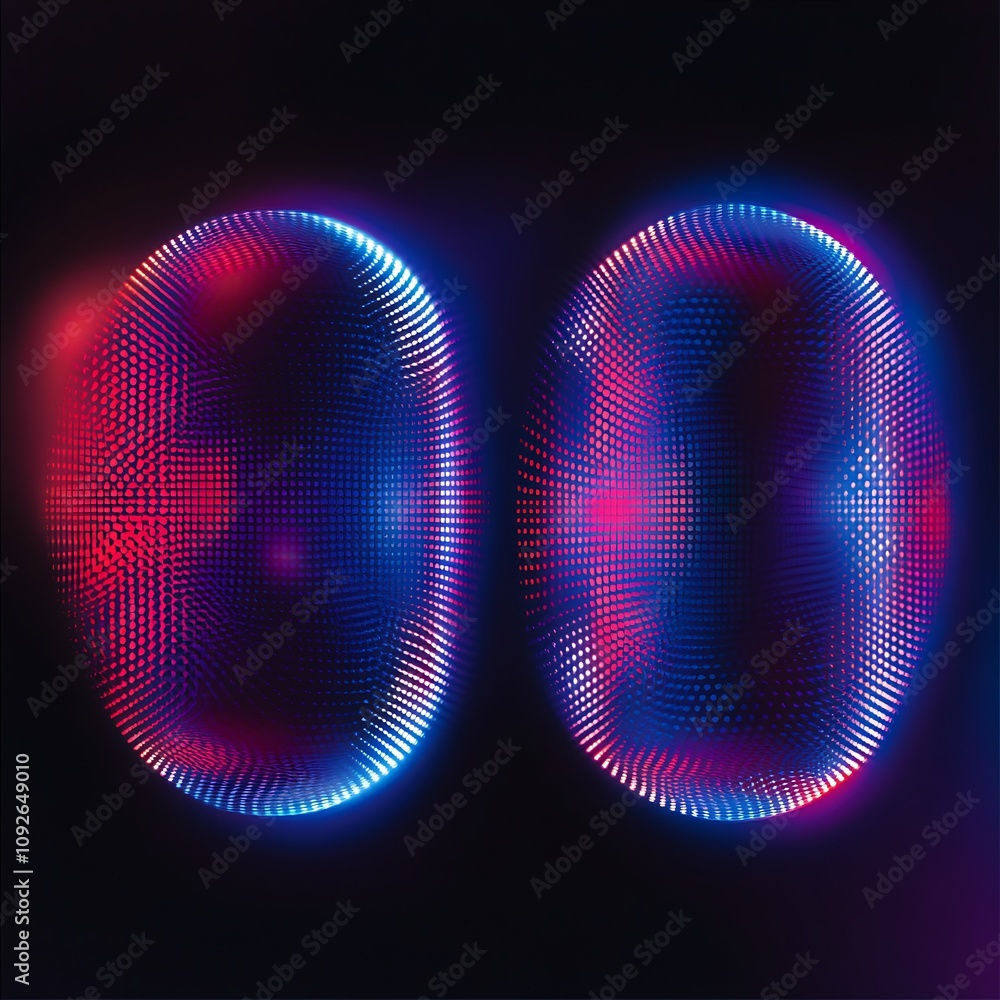 Poster abstract digital composition of two glossy ovals with vibrant neon lights and dotted patterns on a d