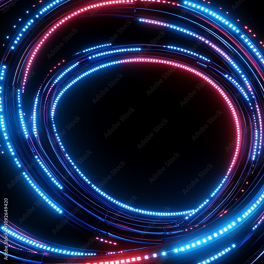 Poster abstract digital light trails in spiraling circular patterns with glowing blue and red colors ideal 