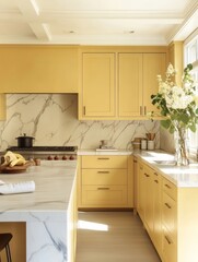 Modern Yellow Kitchen With Marble Countertops And Island