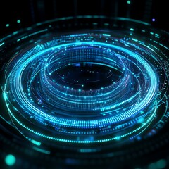 Obraz premium Abstract Digital Swirl of Glowing Blue Circles and Lines in a Futuristic Style, Representing Data Flow and Technology Innovation in a Dark Background