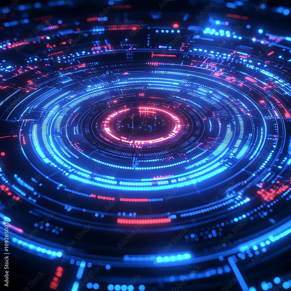 Poster abstract digital technology background with glowing circular patterns and vibrant blue and red light