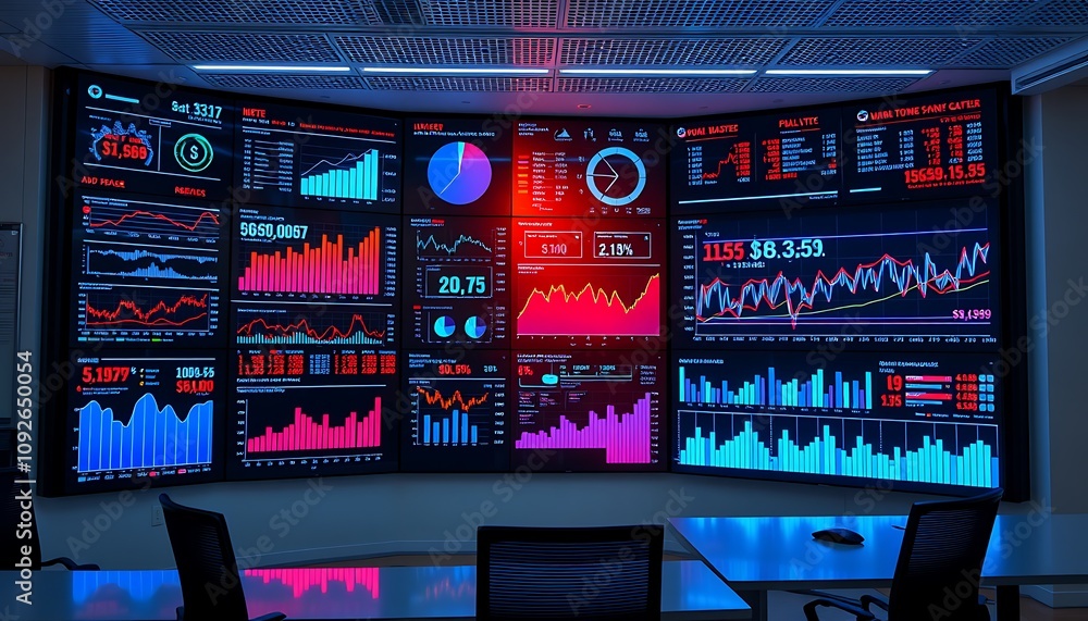 Poster a modern office space with sleek, minimalist decor, featuring a large wall of transparent digital sc