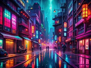 Lofi Pixel Art of a Rainy Cyberpunk City Street Bathed in Dark Neon Colors, Capturing the Essence of Urban Dystopia with Futuristic Architecture and Vibrant Lighting