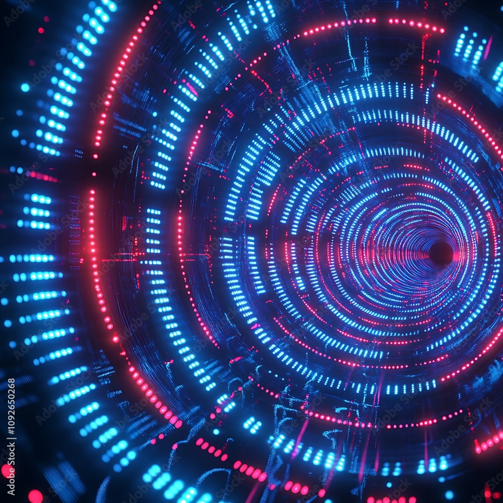 Poster abstract digital tunnel with glowing neon lights and patterns creating a futuristic illusion of dept