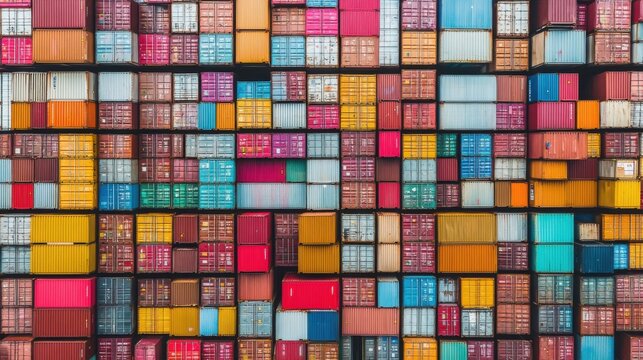 A Vibrant Aerial View of Stacked Shipping Containers in Various Colors at a Port Facility Highlighting Industry and Global Trade Dynamics