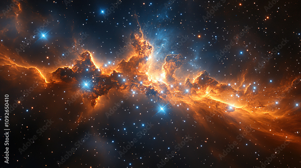 Poster celestial nebula glows in vibrant colors with stars shining across the vastness of space. generative