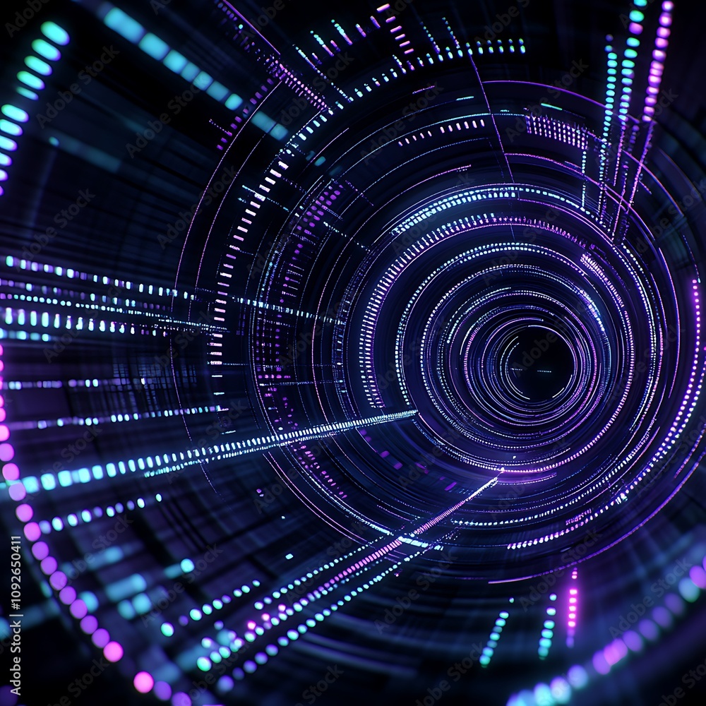 Poster Abstract Digital Tunnel with Neon Light Effects Radiating in Circular Motion, Creating a Futuristic and High-Tech Atmosphere for Creative Projects