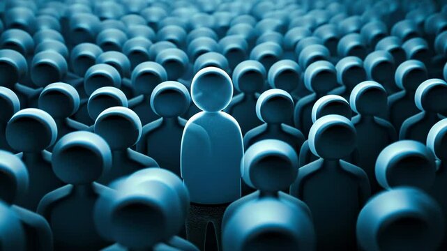 Unique, individuality and crowd concept with blue figures for leadership, identity or standing out. Symbol of confidence, personal branding or uniqueness in society, teamwork or collective