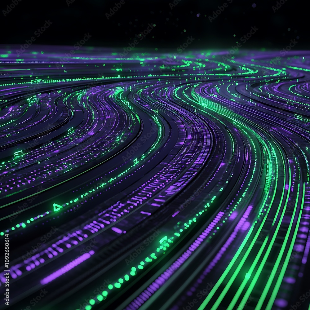 Poster abstract digital wave flow with vibrant green and purple hues representing data streams and modern t