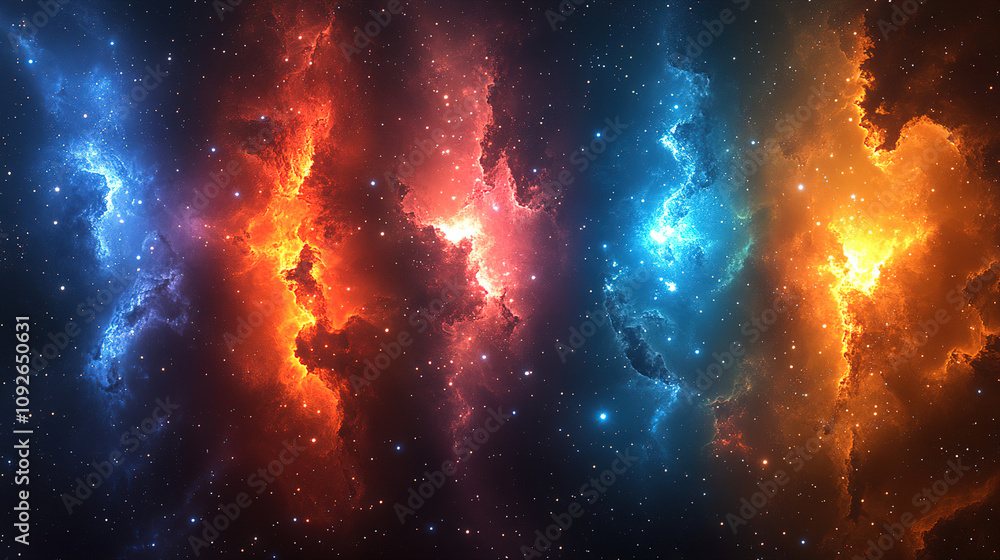 Poster vibrant cosmic nebulae merge in a colorful display across the universe, capturing the beauty of cele