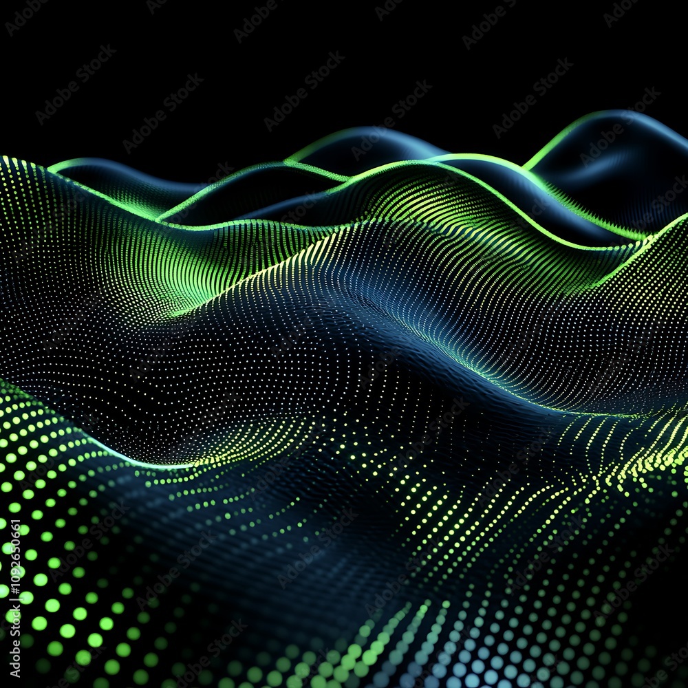 Poster abstract digital wave representation with vibrant green and blue colors, showcasing flowing patterns