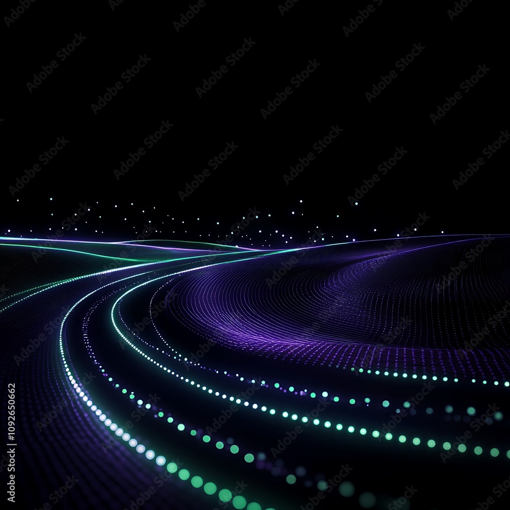 Poster abstract digital waves illuminated by neon lights creating a dynamic flow in a dark background, perf