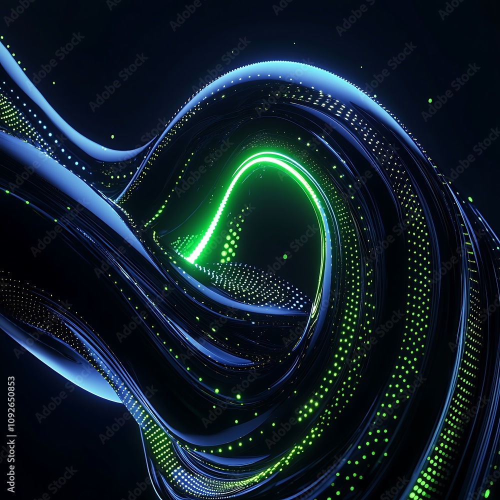 Poster abstract flowing lines with luminous green and blue dots creating a mesmerizing wave effect in a dar