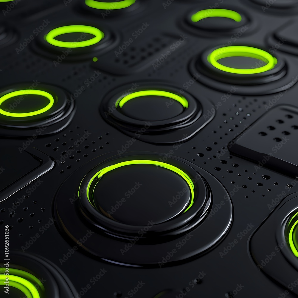 Poster abstract futuristic background featuring glossy circular shapes with vibrant green glowing accents o